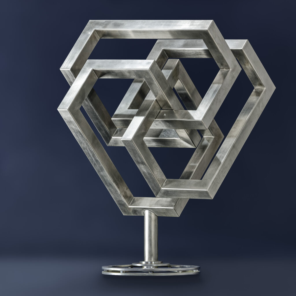 Stainless steel sculpture of a real constructed Penrose triangle, precisely aligned in perspective, polished surface.